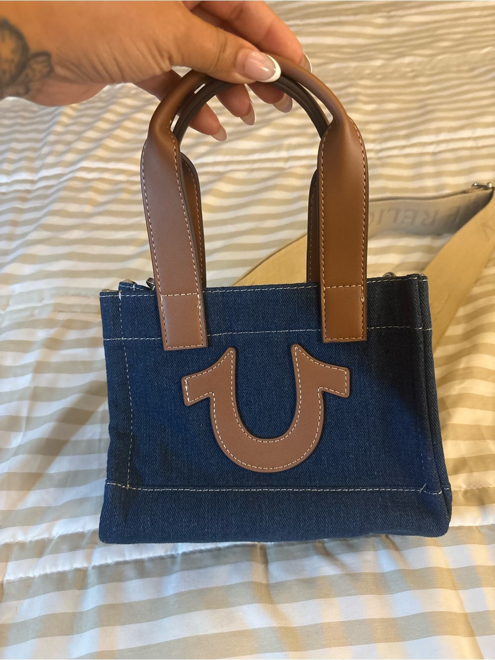 True Religion Blue Denim Mini Tote with Brown Leather Trim